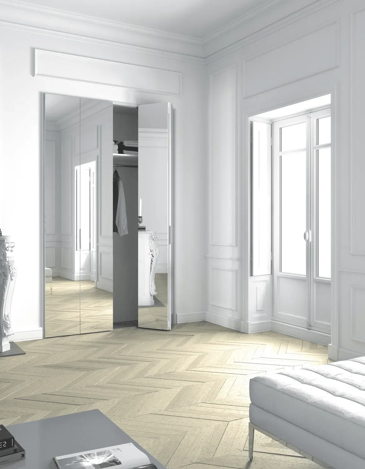 13 - Portes de placard _ Open pliante miroir argent 2 double-panneaux bati blanc poignees edge