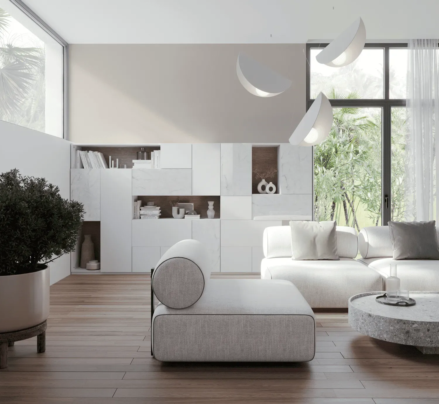 27 - amenagement-blanc-mat-vitre-laquee-marbre-blanc-et-fond-niches-tisse-ecorce